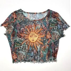 Celestial Babydoll Stretch Top Womens Sz S Sun Lotus Flower Lettuce Trim Mesh